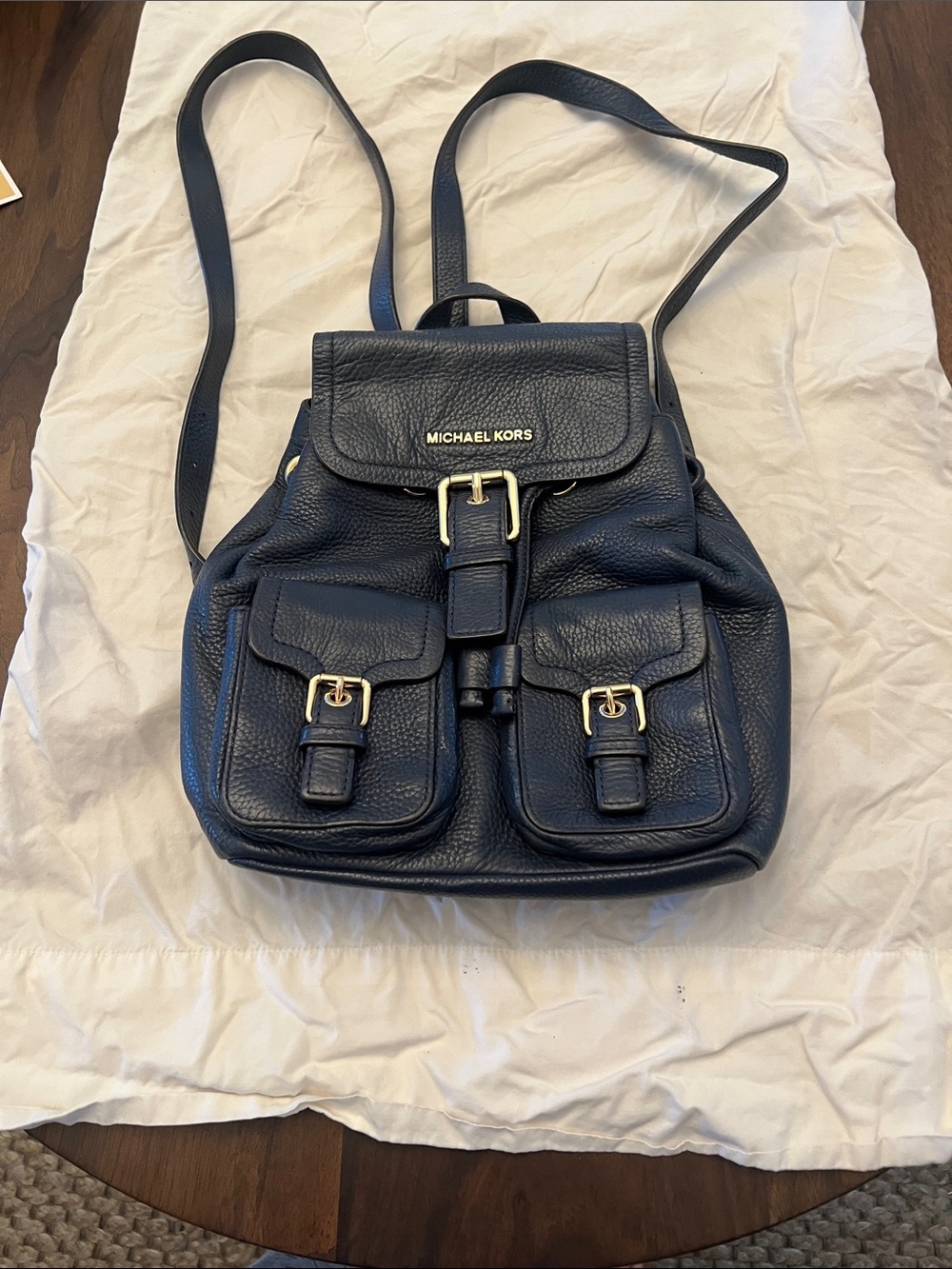 Michael Kors Navy Pebbled Leather Buckle Backpack